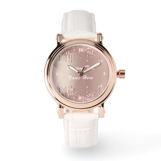 Rose Gold Glitter Custom Text Name Watch Gift (Front)