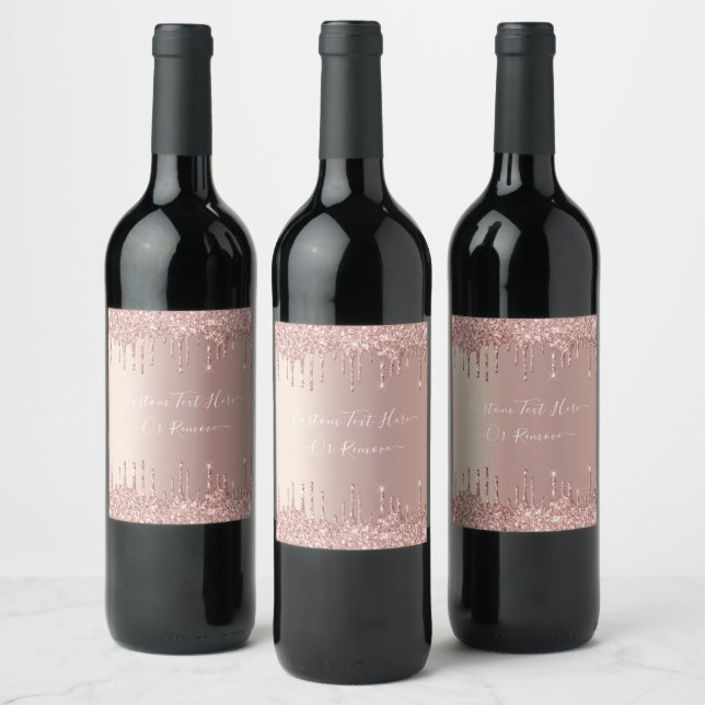 Rose Gold Glitter Custom Text Name Wine Label (Bottles)