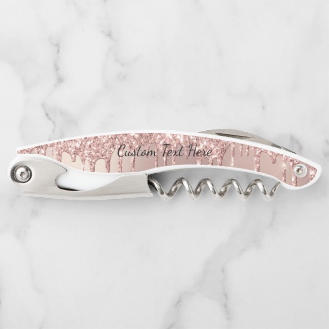 Rose Gold Glitter Custom Text Waiter's Corkscrew (Front)