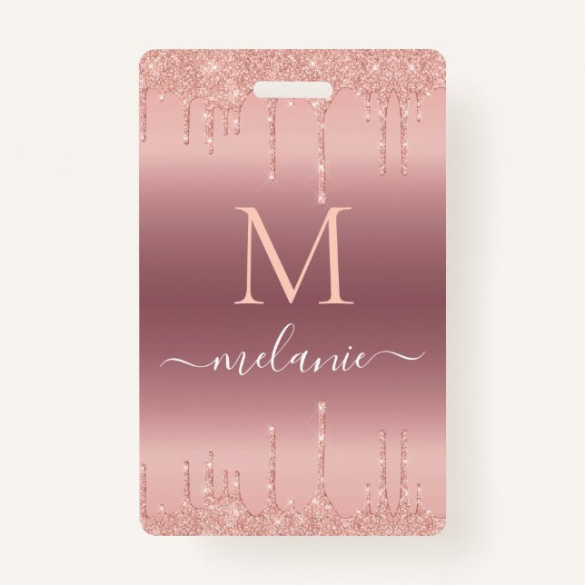 Rose Gold Glitter Custom Your Letter Name Badge ID Badge (Front)