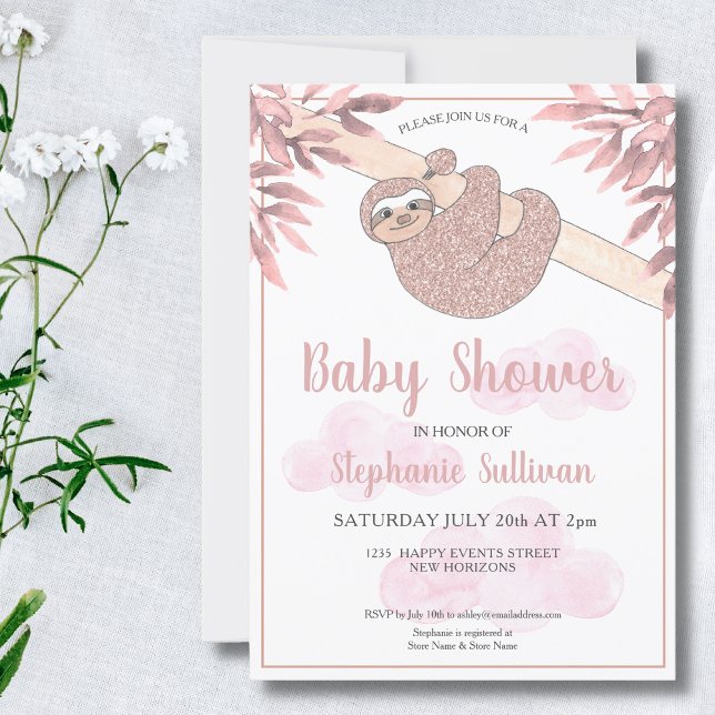 Rose Gold Glitter Cute Baby Girl Sloth Baby Shower Invitation (Creator Uploaded)