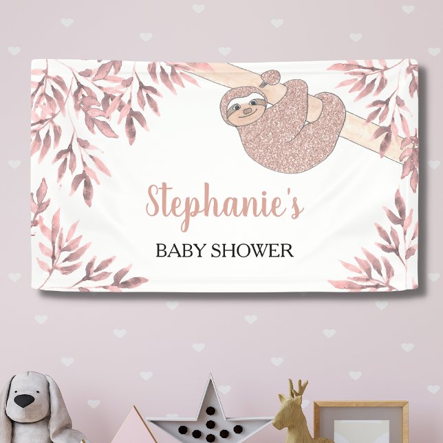 Rose Gold Glitter Cute Girl Sloth Baby Shower Banner (Creator Uploaded)