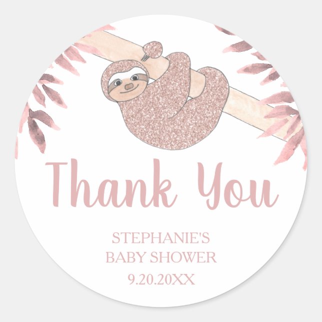 Rose Gold Glitter Cute Sloth Baby Shower Sticker (Front)