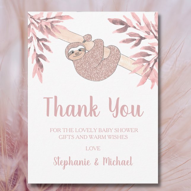 Rose Gold Glitter Cute Sloth Baby Shower Thank You (Creator Uploaded)