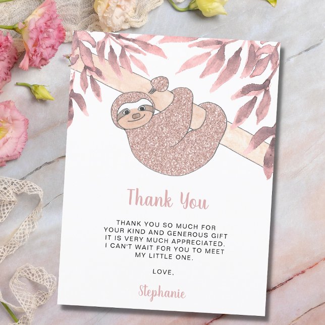 Rose Gold Glitter Cute Sloth Baby Shower Thank You Postcard (Creator Uploaded)