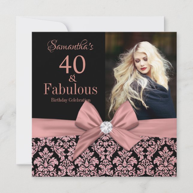 Rose gold glitter damask 40th Birthday Invitation (Front)