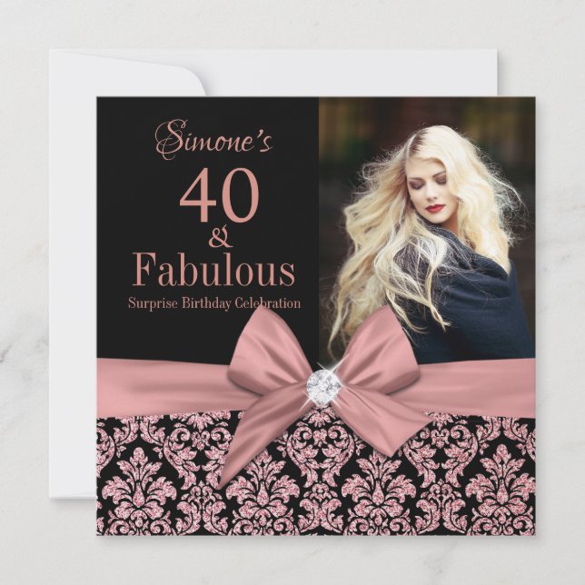 Rose gold glitter damask 40th Birthday Invitation (Front)
