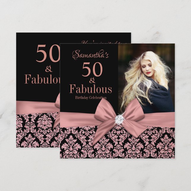 Rose gold glitter damask 50th Birthday Invitation (Front/Back)