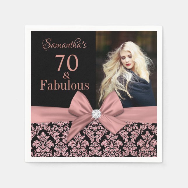 Rose gold glitter damask 70th Birthday photo Napkin (Front)