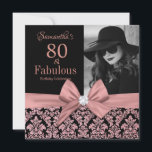 Rose gold glitter damask 80th Birthday Invitation<br><div class="desc">Rose gold glitter black damask | 80th Birthday Invitations. Eighty and Fabulous! A beautiful modern elegant pink rose gold glitter floral damask 80th Birthday Party Invitations you can personalise and send out your eightieth birthday party celebration. At the centre pretty pink bow. Replace the sample photo with your own. The...</div>