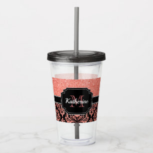 Rose Gold Glitter Damask Acrylic Tumbler