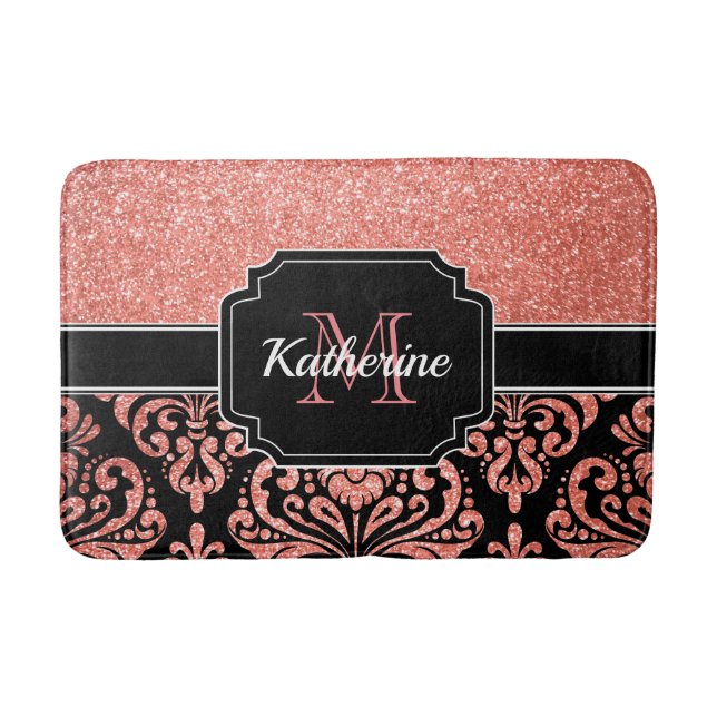 Rose Gold Glitter Damask Bath Mat (Front)