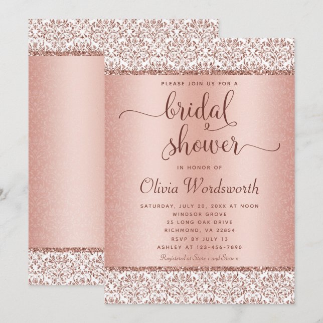 Rose Gold Glitter Damask Bridal Shower Invitation (Front/Back)
