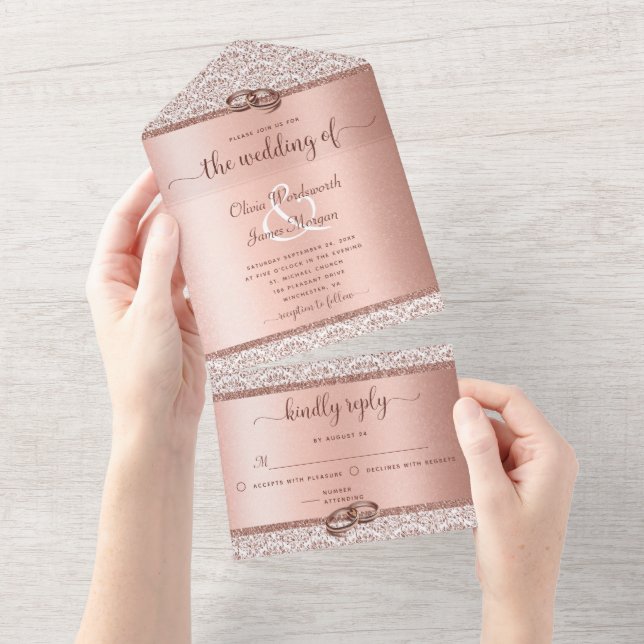 Rose Gold Glitter Damask Elegant Wedding All In One Invitation (Tearaway)
