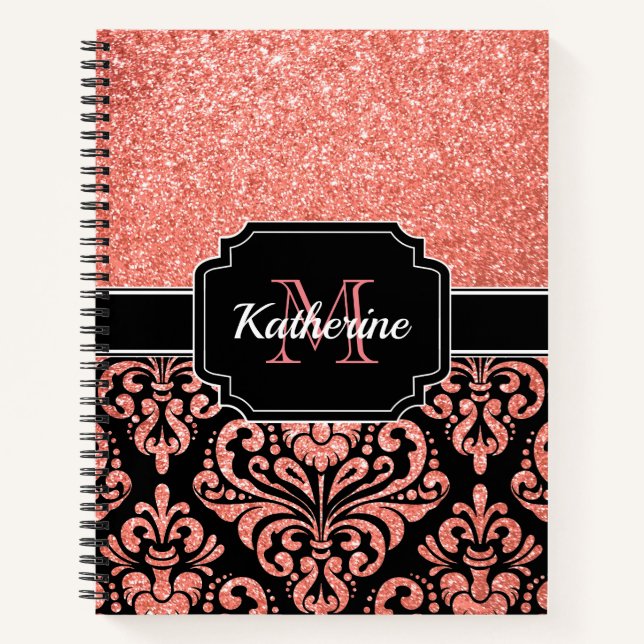 Rose Gold Glitter Damask Notebook (Front)