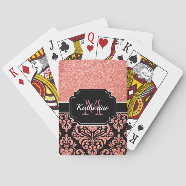 Rose Gold Glitter Damask Playing Cards (Back)