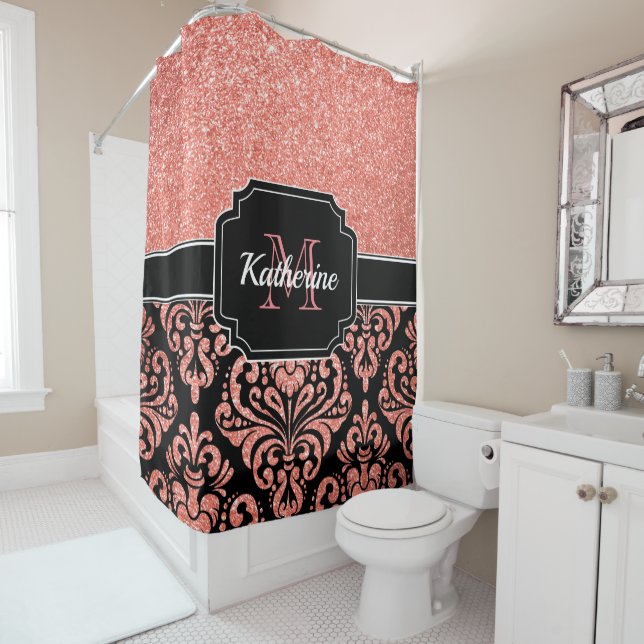 Rose Gold Glitter Damask Shower Curtain (In Situ)