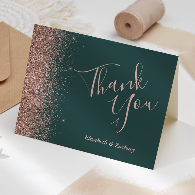 Rose Gold Glitter Dark Green Wedding Thank You Card (Creator Uploaded)