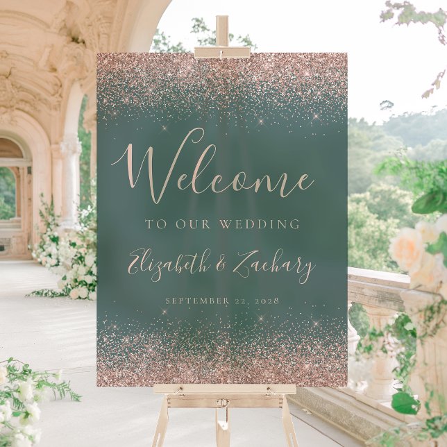 Rose Gold Glitter Dark Green Wedding Welcome Acrylic Sign (Creator Uploaded)