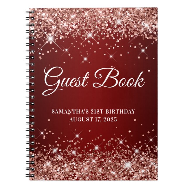 Rose Gold Glitter Dark Red 21st Birthday Guestbook Notebook (Front)