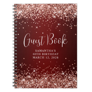 Rose Gold Glitter Dark Red 40th Birthday Guest Notebook