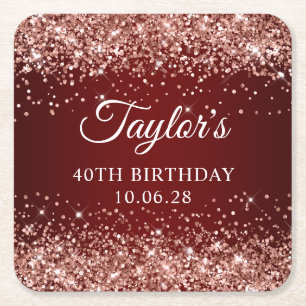 Rose Gold Glitter Dark Red 40th Birthday Square Paper Coaster