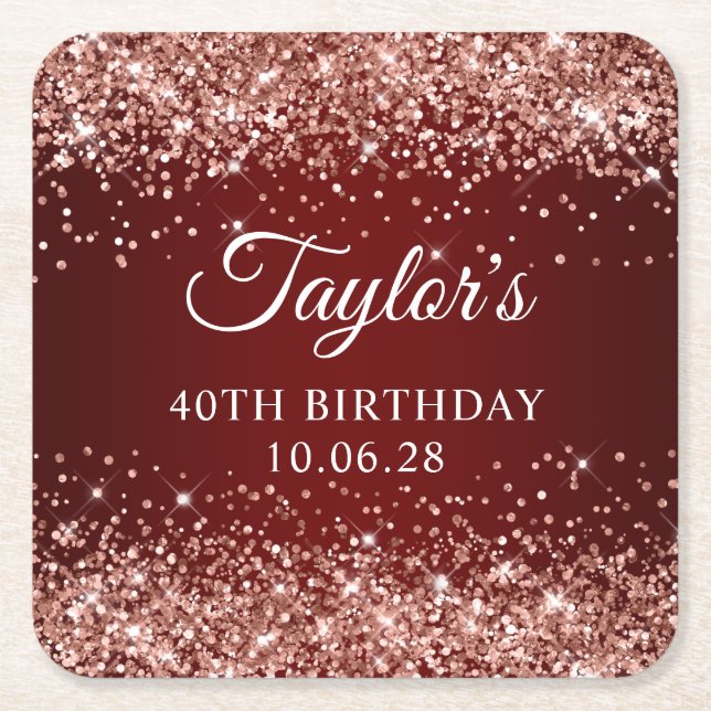 Rose Gold Glitter Dark Red 40th Birthday Square Paper Coaster (Front)