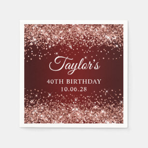 Rose Gold Glitter Dark Red Ombre 40th Birthday Napkin