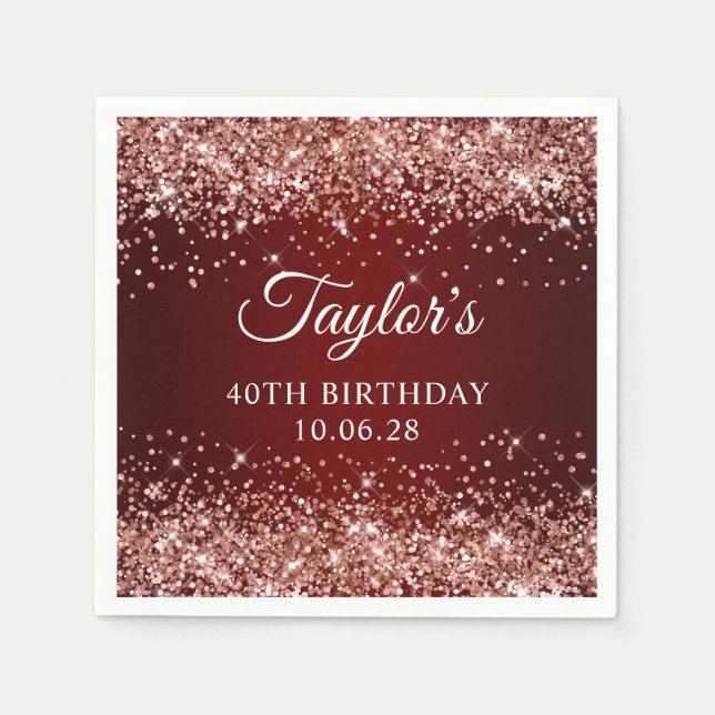 Rose Gold Glitter Dark Red Ombre 40th Birthday Napkin (Front)