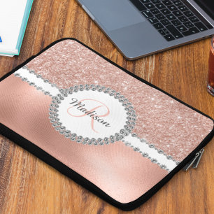 Rose Gold Glitter Diamond Glam Monogram Laptop Sleeve