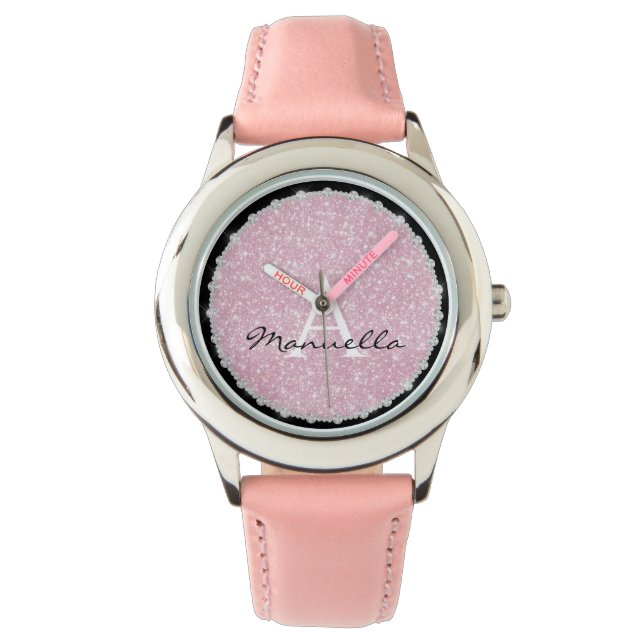 Rose Gold Glitter & Diamonds Monogram Girly Pink Watch (Front)