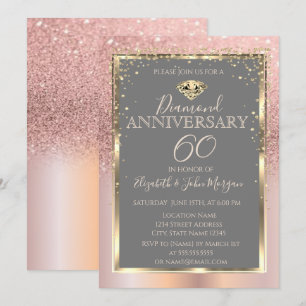 Rose Gold Glitter  Diamonds Wedding Anniversary Invitation