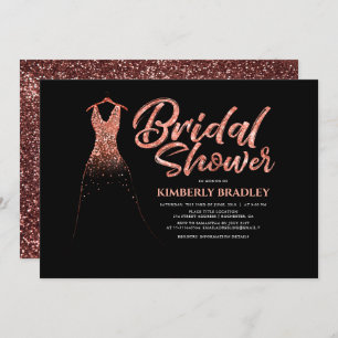 Rose Gold Glitter Dress Black Bridal Shower Invitation