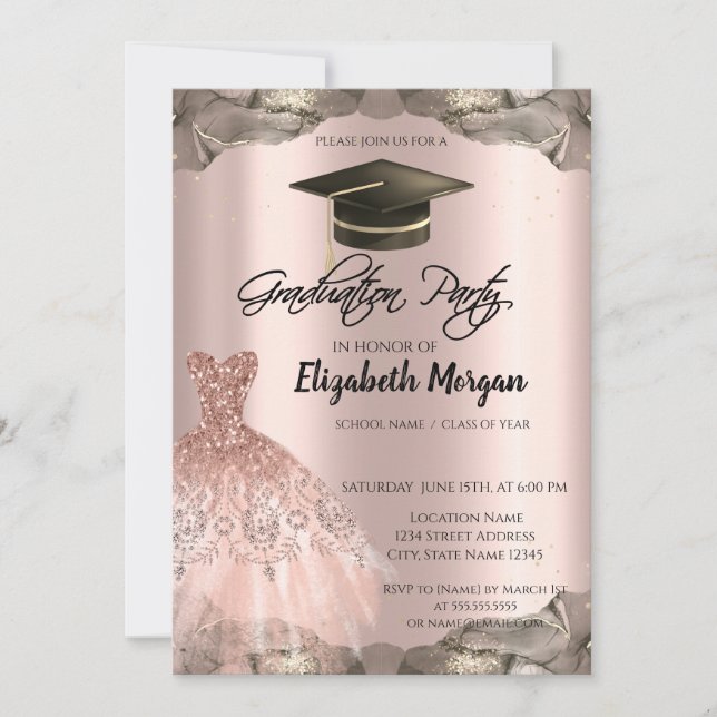 Rose Gold Glitter Dress Black Grad Cap Graduation Invitation (Front)