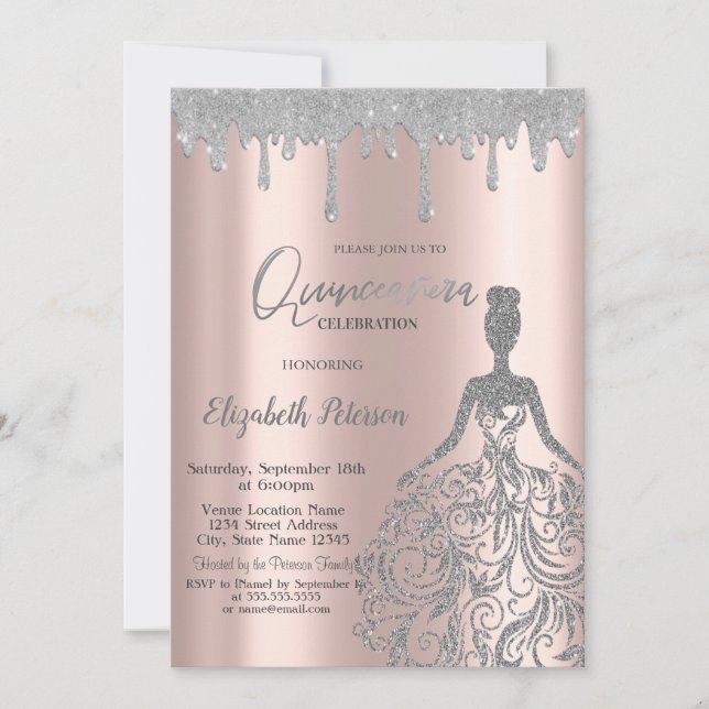 Rose Gold,Glitter Dress Drips Silver Quinceanera Invitation (Front)