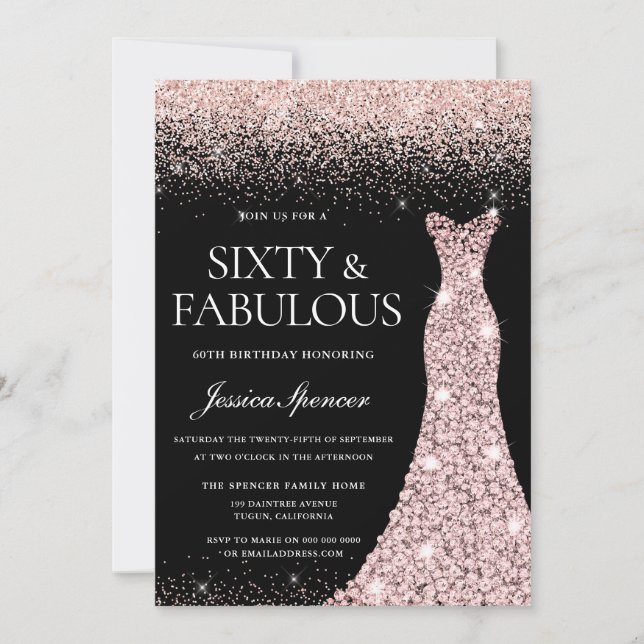 Rose Gold Glitter Dress Fabulous 60th Birthday Invitation (Front)