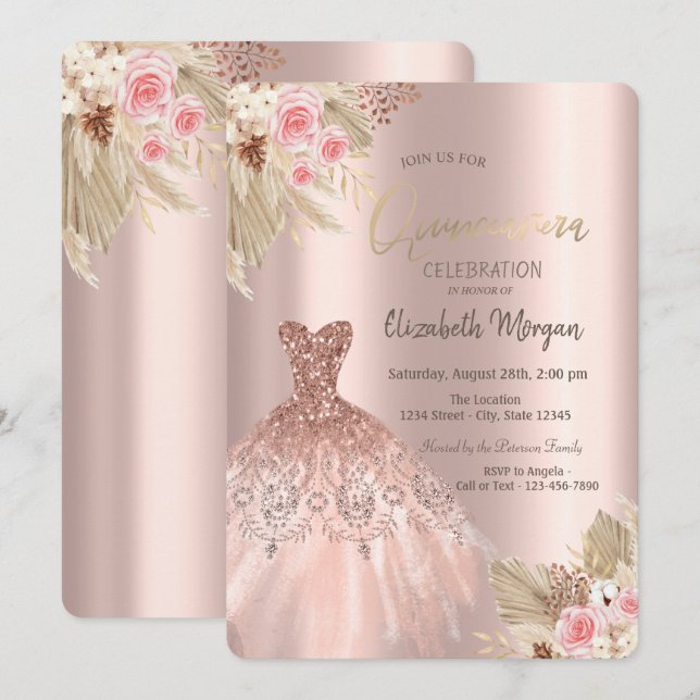 Rose Gold Glitter Dress Flowers Quinceañera Invitation (Front/Back)