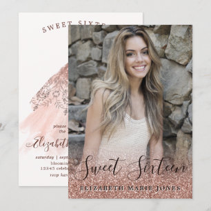 Rose Gold Glitter Dress Photo Sweet 16 Birthday Invitation
