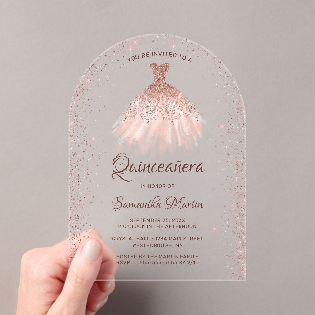 Rose Gold Glitter Dress Quinceañera Party Acrylic Invitations (Insitu (Handheld))
