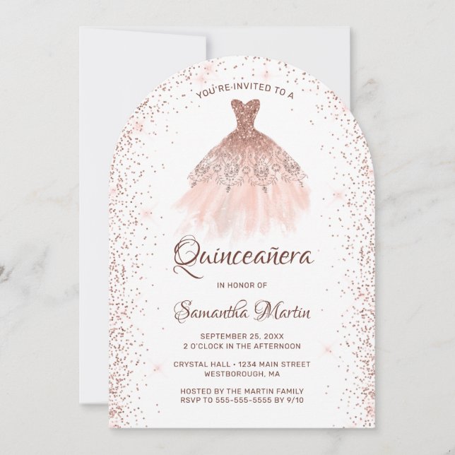 Rose Gold Glitter Dress Quinceañera Party Invitation (Front)