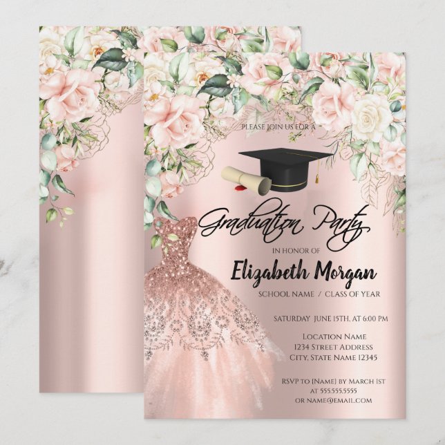 Rose Gold Glitter Dress Roses Grad Cap Graduation Invitation (Front/Back)