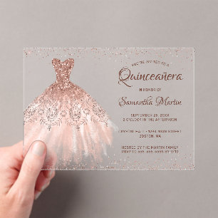 Rose Gold Glitter Dress Script Quinceañera Party Acrylic Invitations