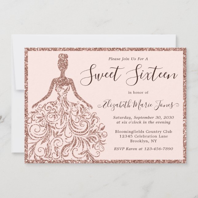 Rose Gold Glitter Dress Sweet Sixteen 16 Birthday Invitation (Front)
