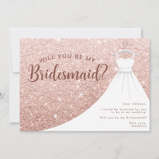 Rose Gold Glitter Dress Will You Be My Bridesmaid Invitation (Front)