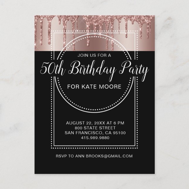 Rose Gold Glitter Drip Black 50th Birthday  Invitation Postcard (Front)