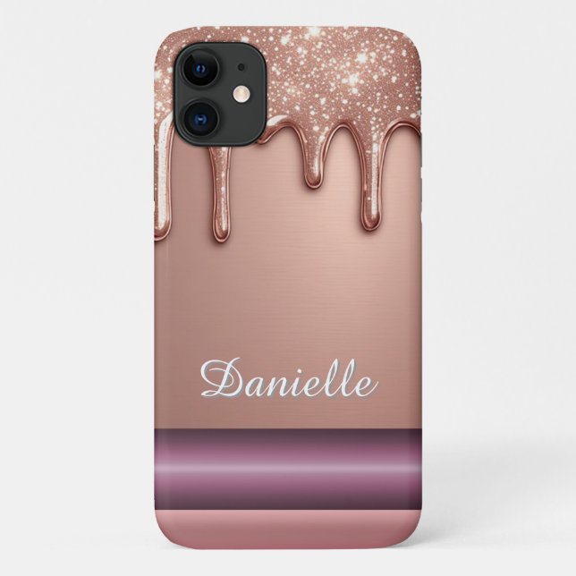 Rose Gold Glitter Drip Custom Name Monogram Case-Mate iPhone Case (Back)