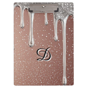 Rose Gold Glitter Drip Custom Name Monogram Clipboard