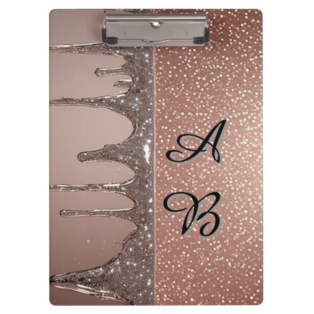 Rose Gold Glitter Drip Custom Name Monogram Clipboard (Front)