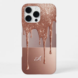 Rose Gold Glitter Drip Custom Name Monogram iPhone 16 Pro Max Case