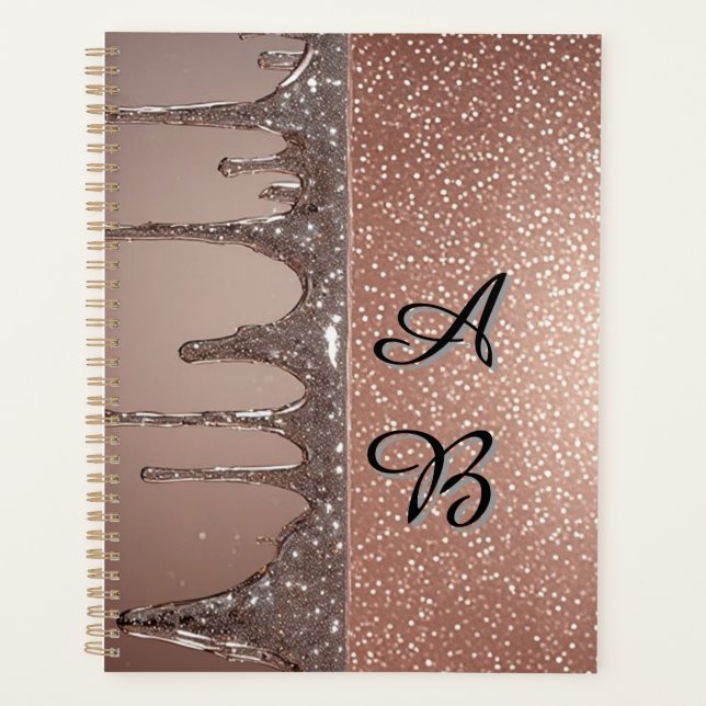 Rose Gold Glitter Drip Custom Name Monogram Planner (Front)